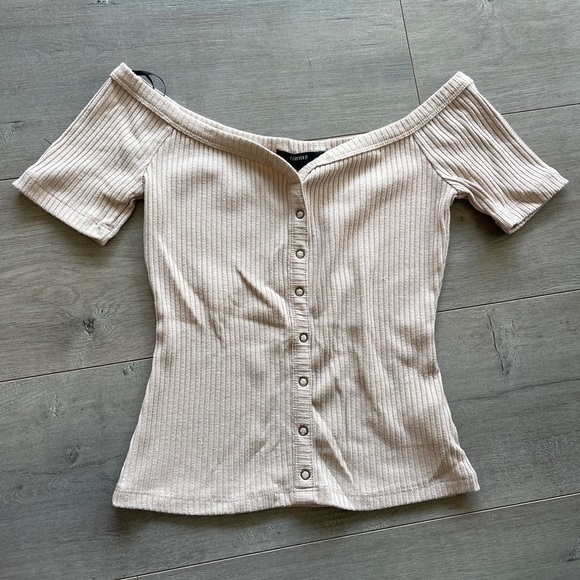 💙Buy 1 get 1 free💙 Forever 21Ribbed Off-Shoulder Beige Top Large - Picture 1 of 3
